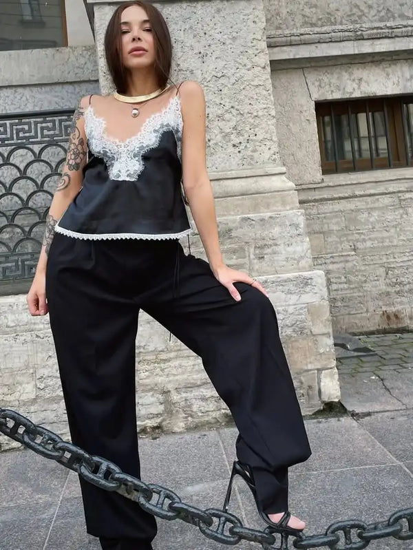 Lace Patchwork Vneck Top