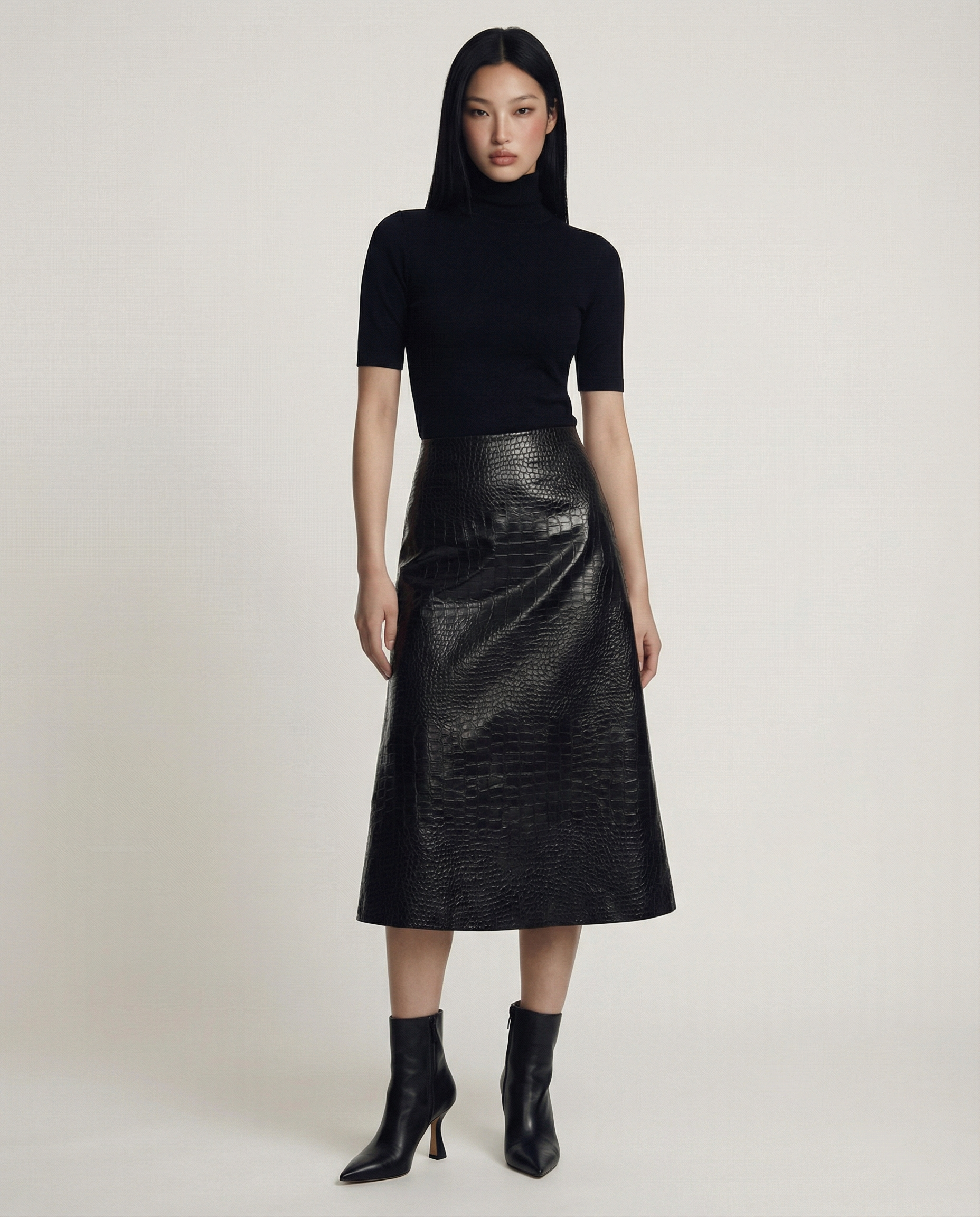 Croc Embossed Midi Skirt High Waist Leather Look Elegant 
