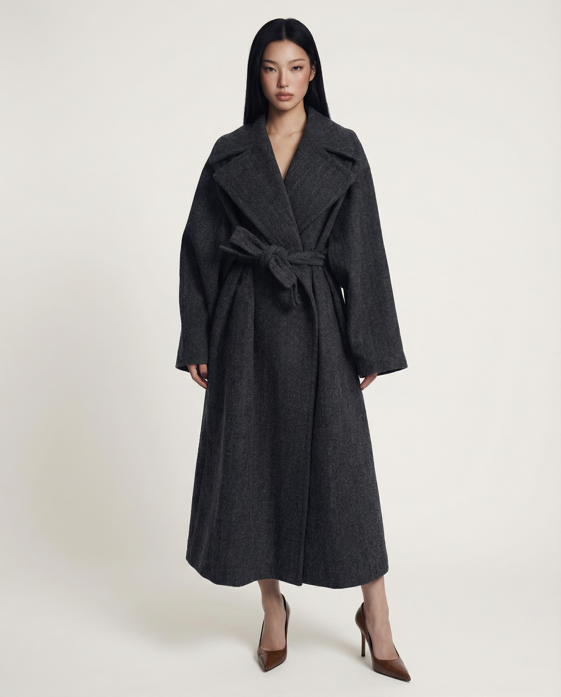 Charcoal Wrap Coat Elegant Long Belted Winter Coat 