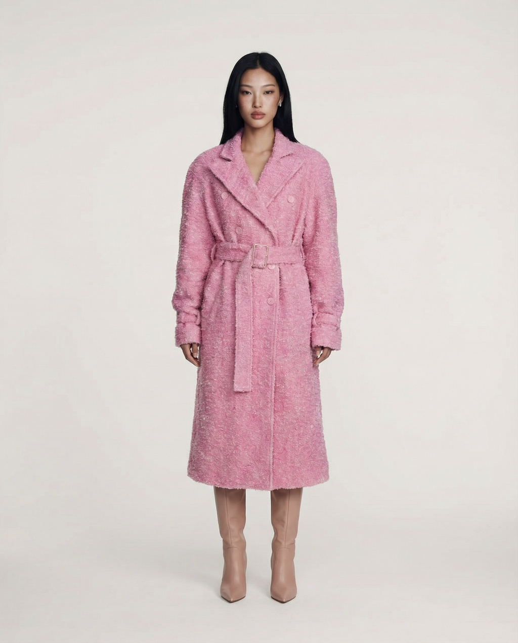 Rosé Bouclé Coat Women Elegant Textured Long Coat Stylish