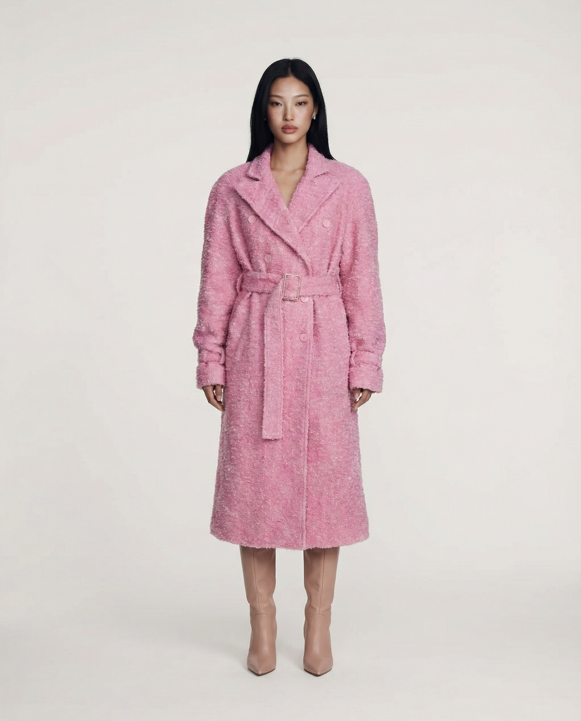 Rosé Bouclé Coat Women Elegant Textured Long Coat Stylish