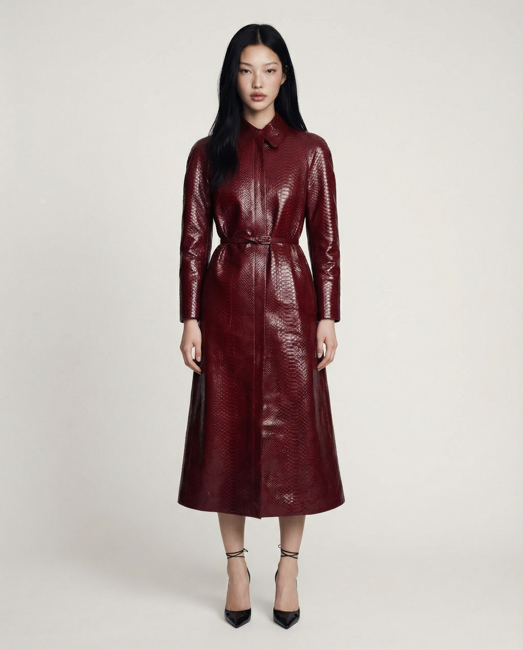 Vermillion Leather Coat Women Elegant Stylish Long Coat
