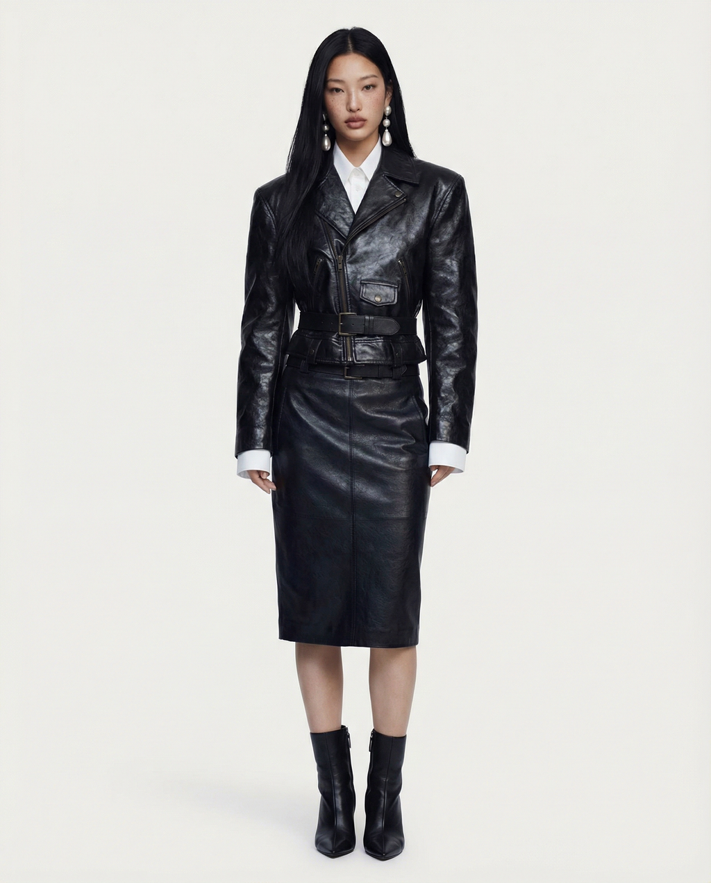 Belted Leather Jacket & Skirt Ensemble Women Chic Stylish