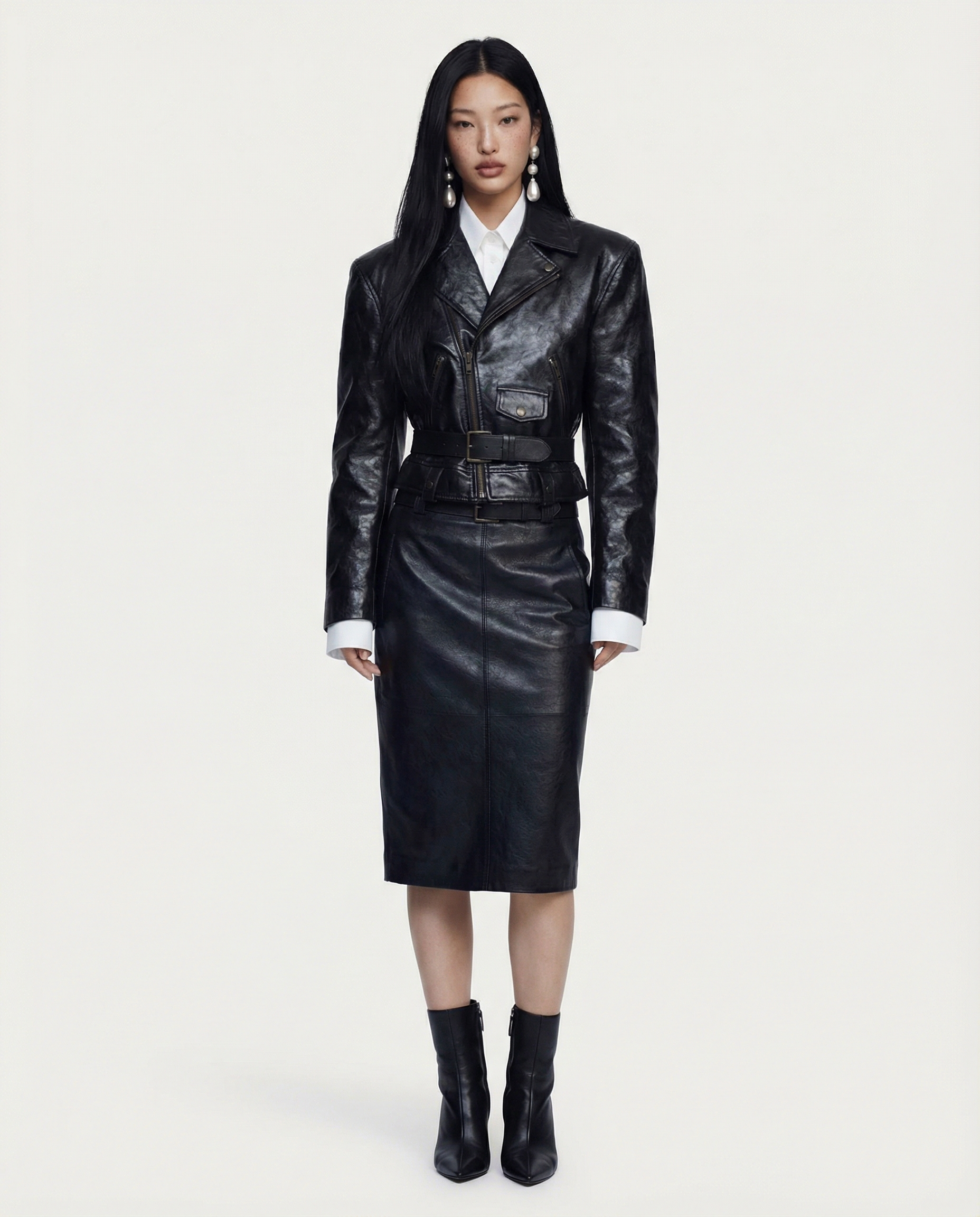 Belted Leather Jacket & Skirt Ensemble Women Chic Stylish