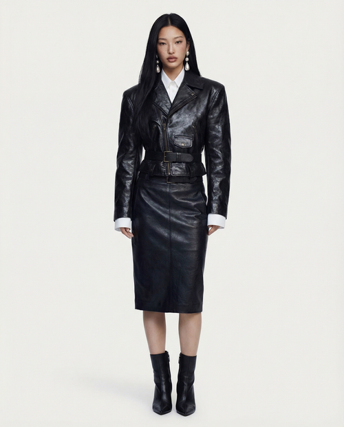 Belted Leather Jacket & Skirt Ensemble Women Chic Stylish