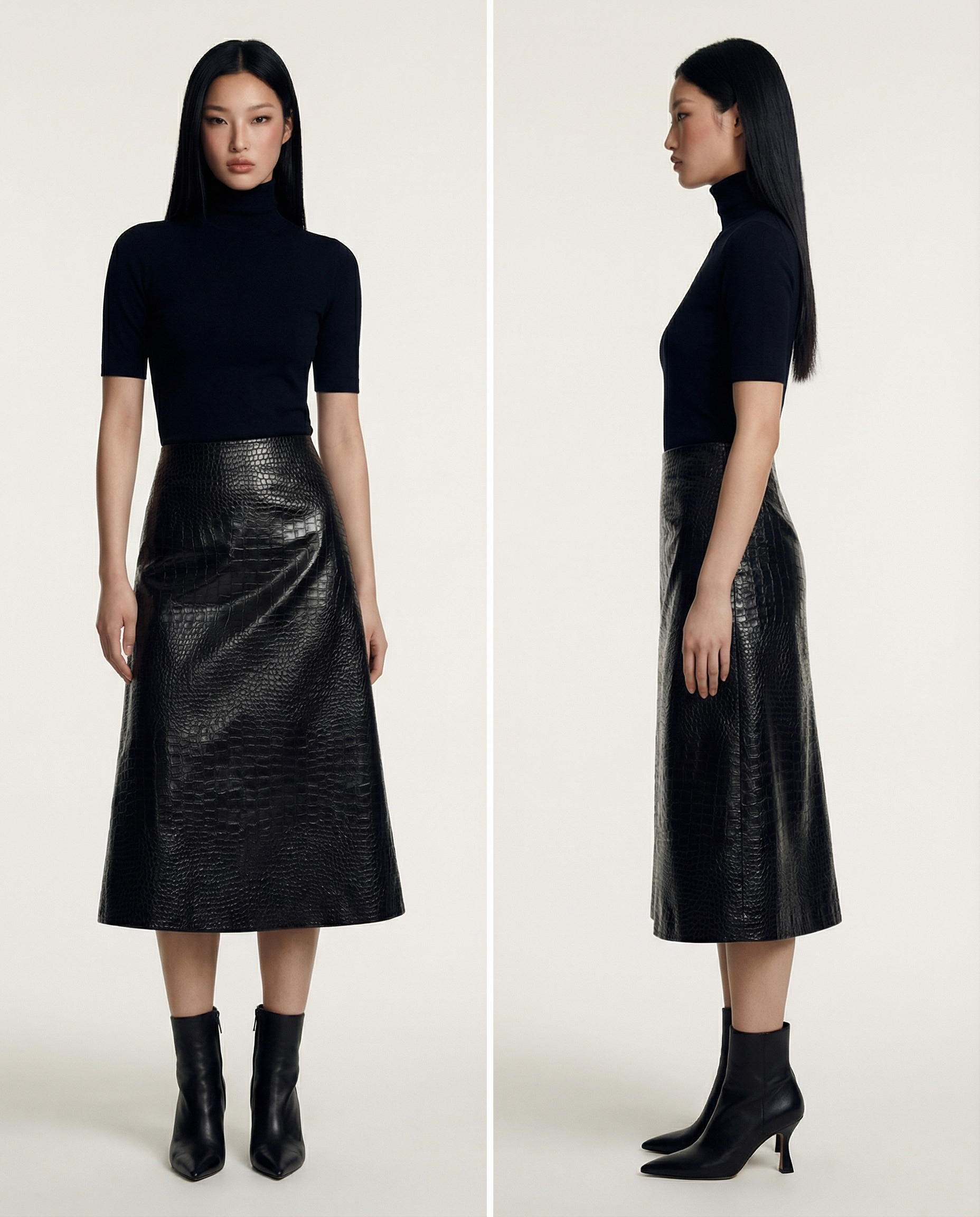 Croc Embossed Midi Skirt High Waist Leather Look Elegant 