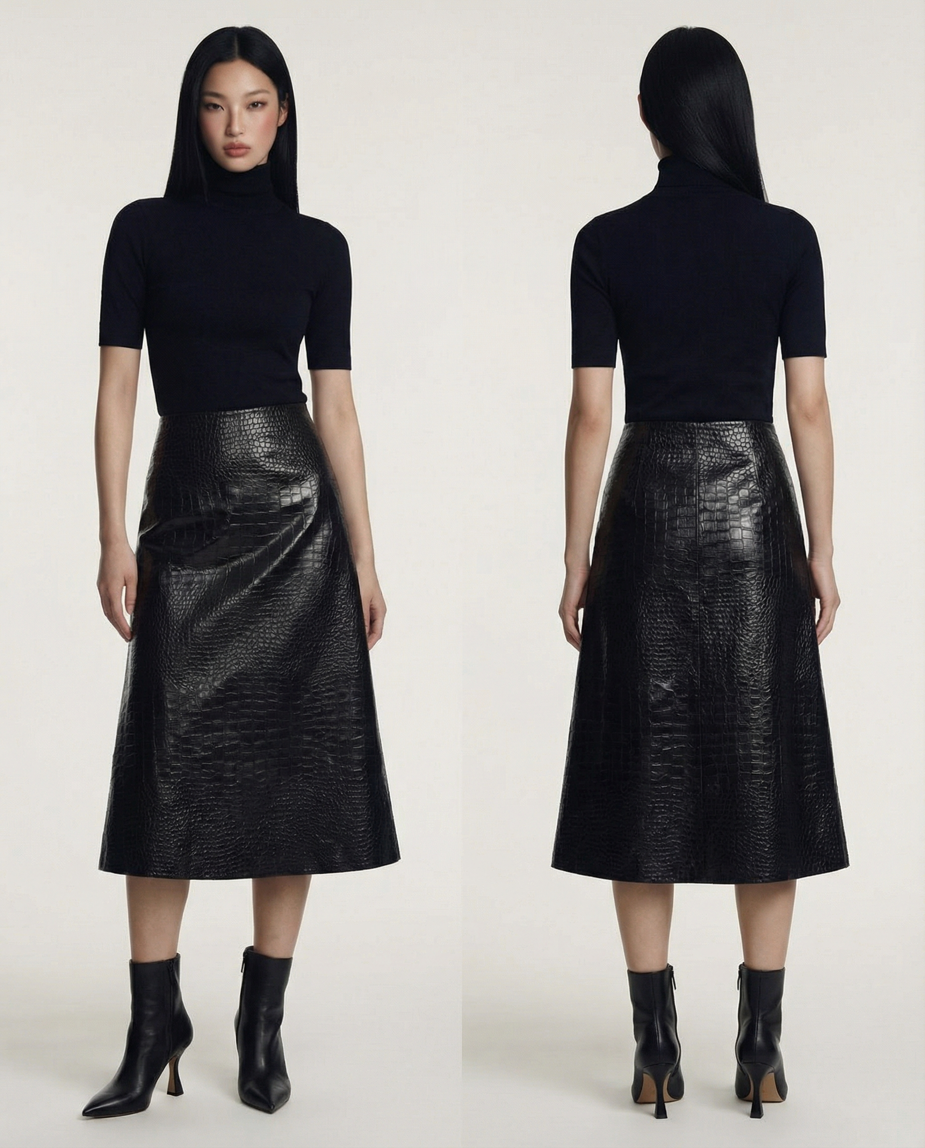 Croc Embossed Midi Skirt High Waist Leather Look Elegant 
