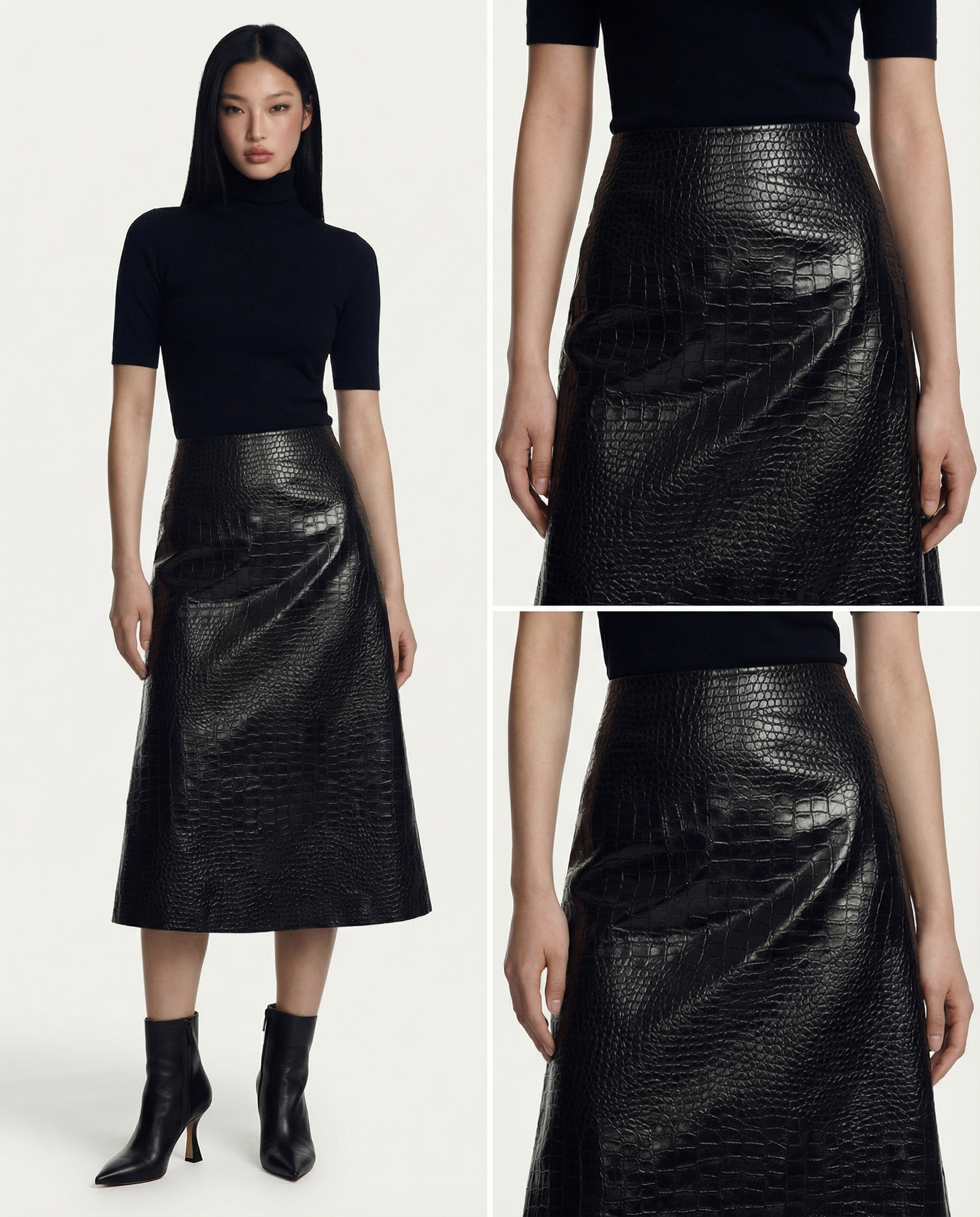 Croc Embossed Midi Skirt High Waist Leather Look Elegant 