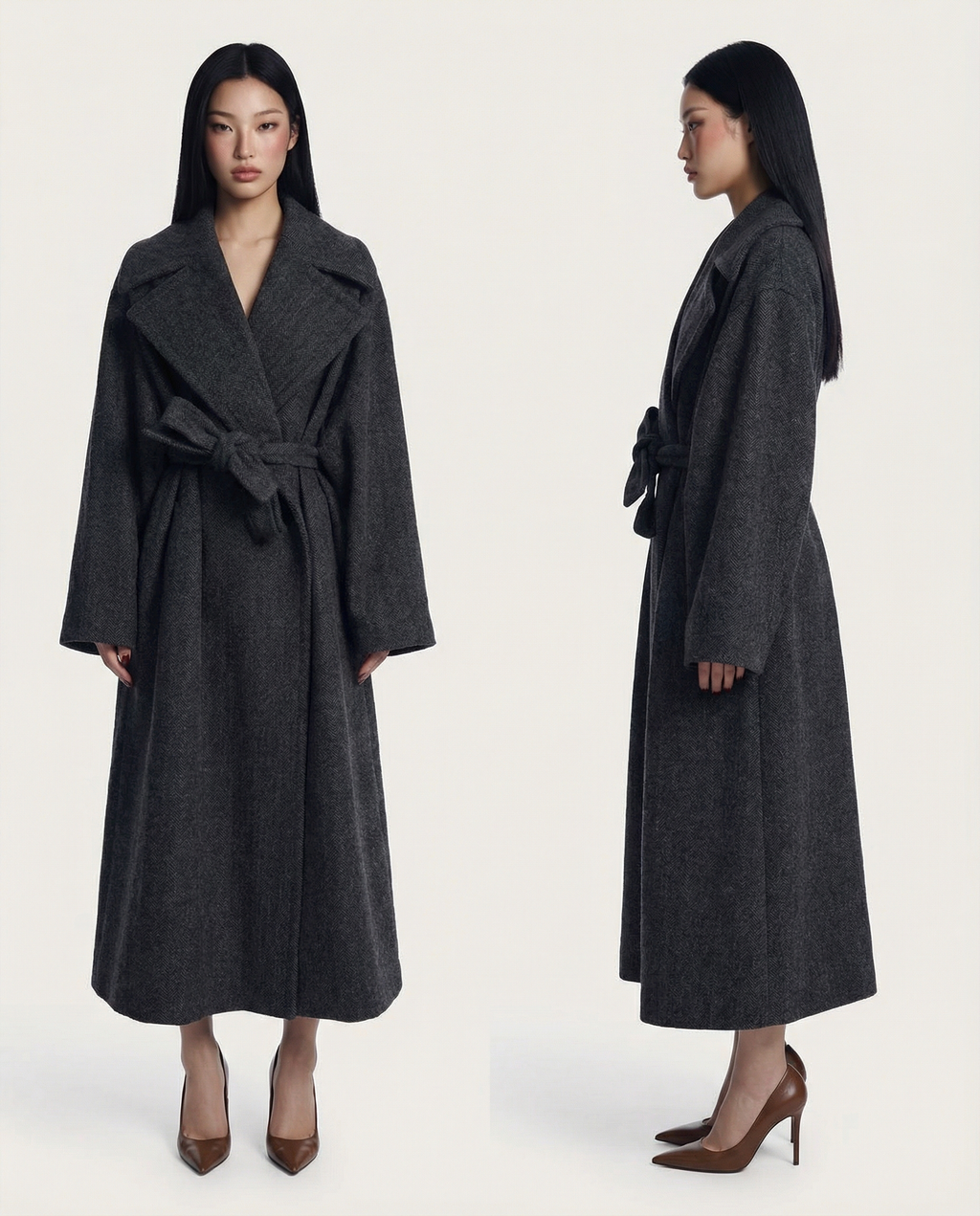 Charcoal Wrap Coat Elegant Long Belted Winter Coat 