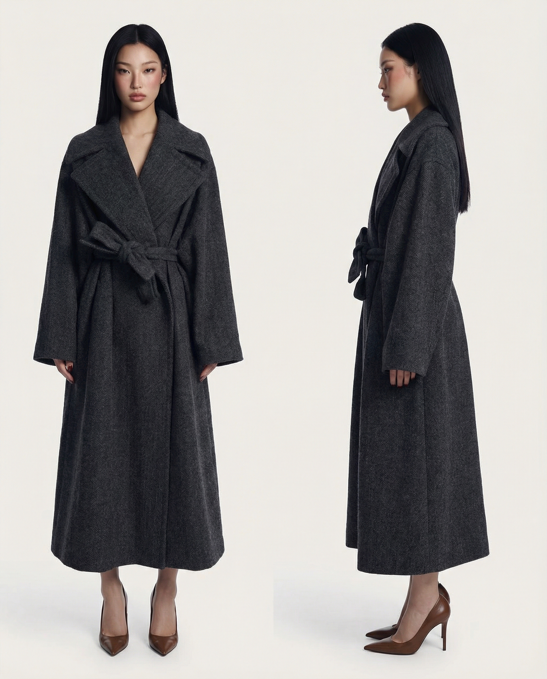 Charcoal Wrap Coat Elegant Long Belted Winter Coat 