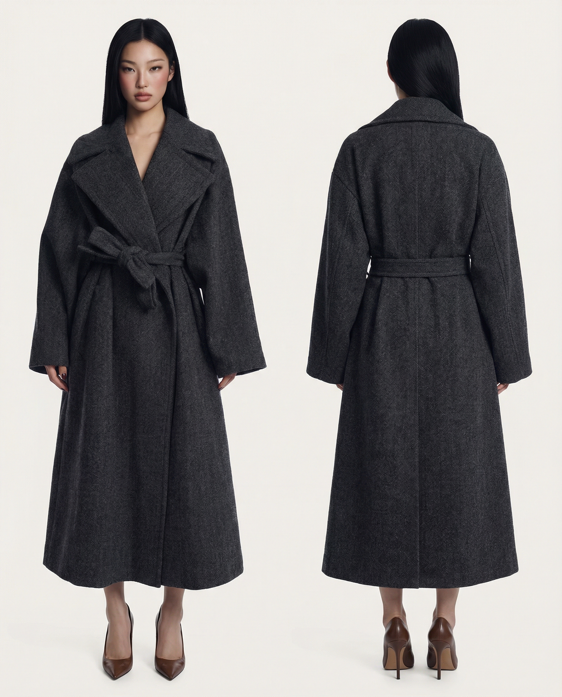 Charcoal Wrap Coat Elegant Long Belted Winter Coat 