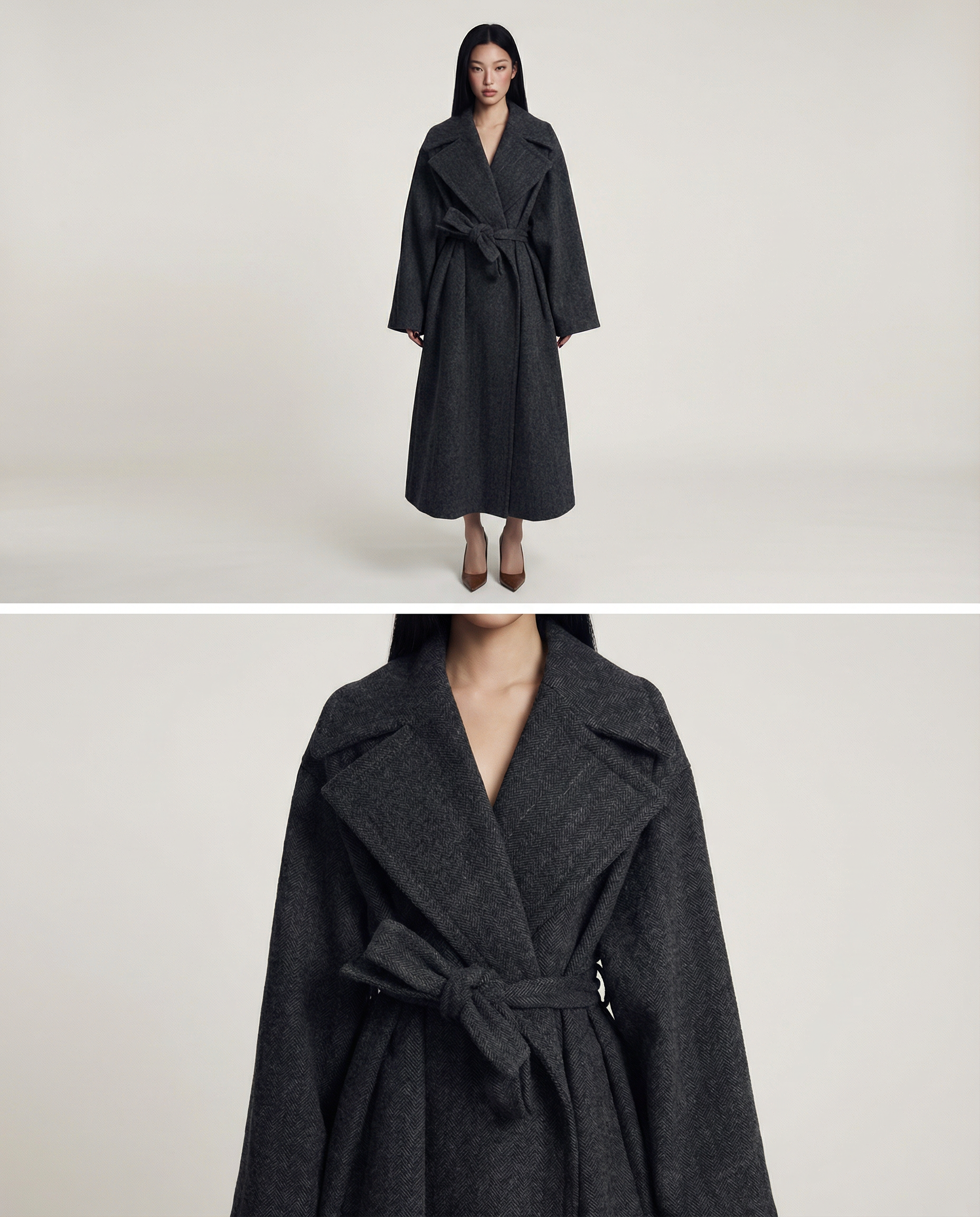 Charcoal Wrap Coat Elegant Long Belted Winter Coat 