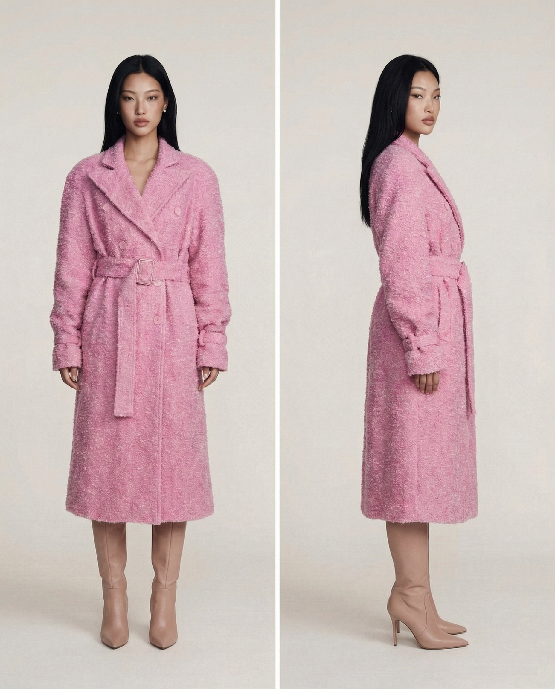 Rosé Bouclé Coat Women Elegant Textured Long Coat Stylish