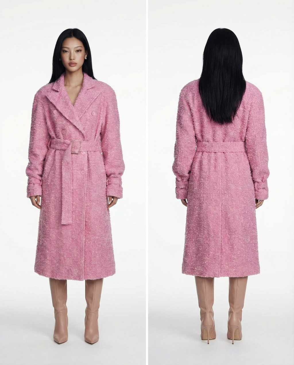 Rosé Bouclé Coat Women Elegant Textured Long Coat Stylish