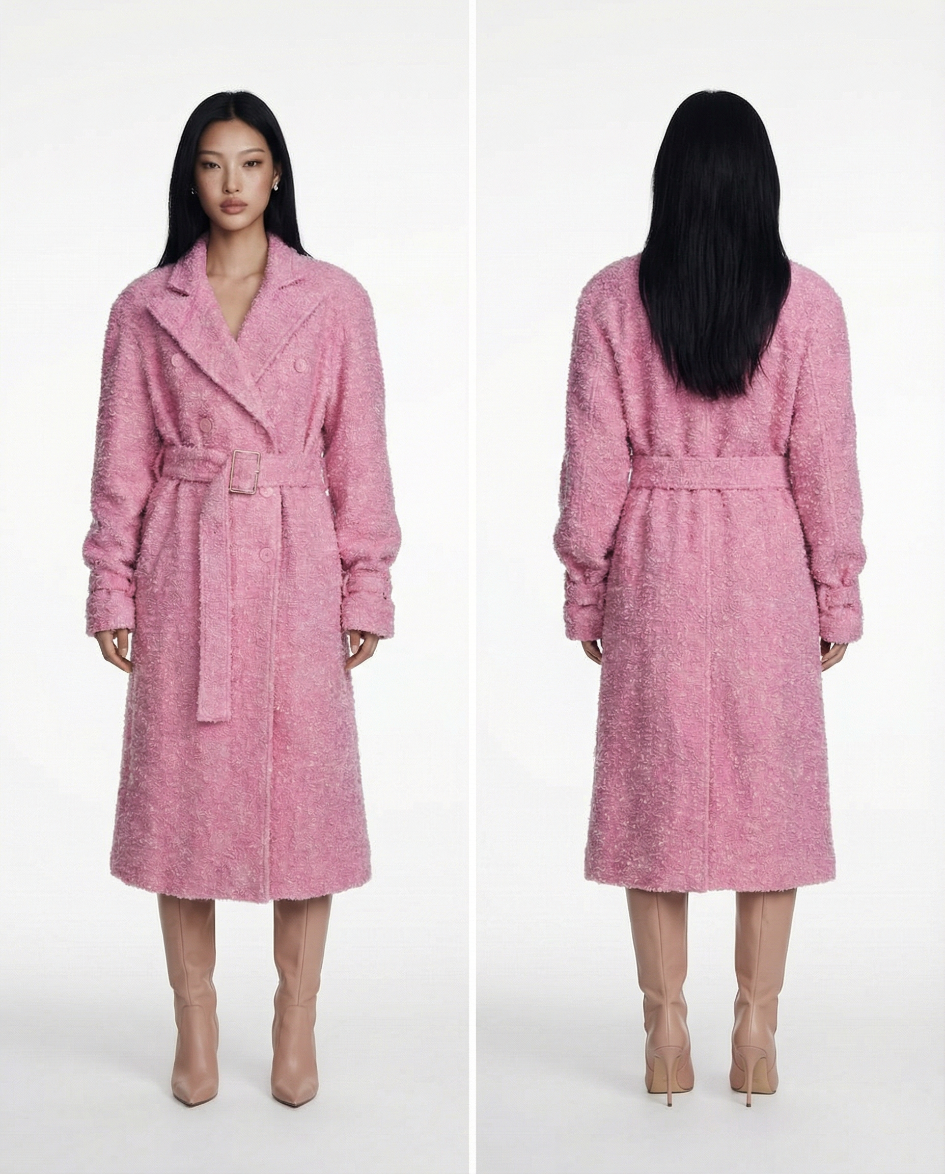 Rosé Bouclé Coat Women Elegant Textured Long Coat Stylish