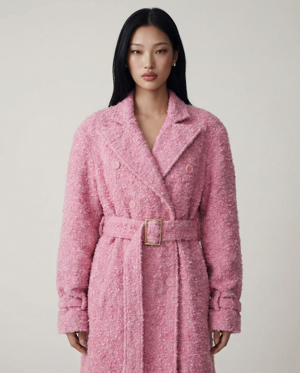 Rosé Bouclé Coat Women Elegant Textured Long Coat Stylish