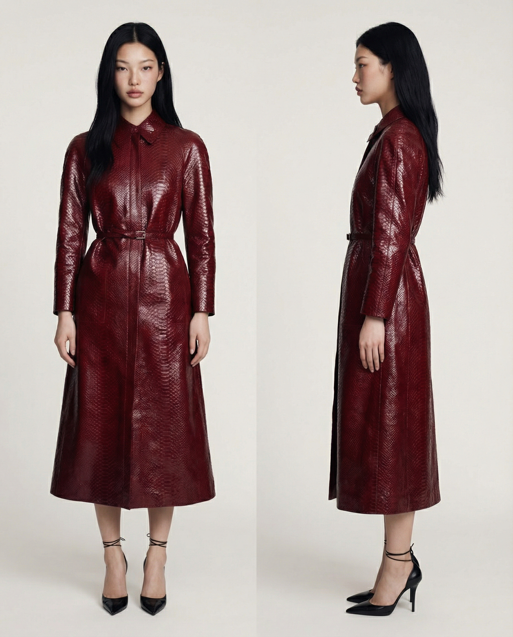 Vermillion Leather Coat Women Elegant Stylish Long Coat