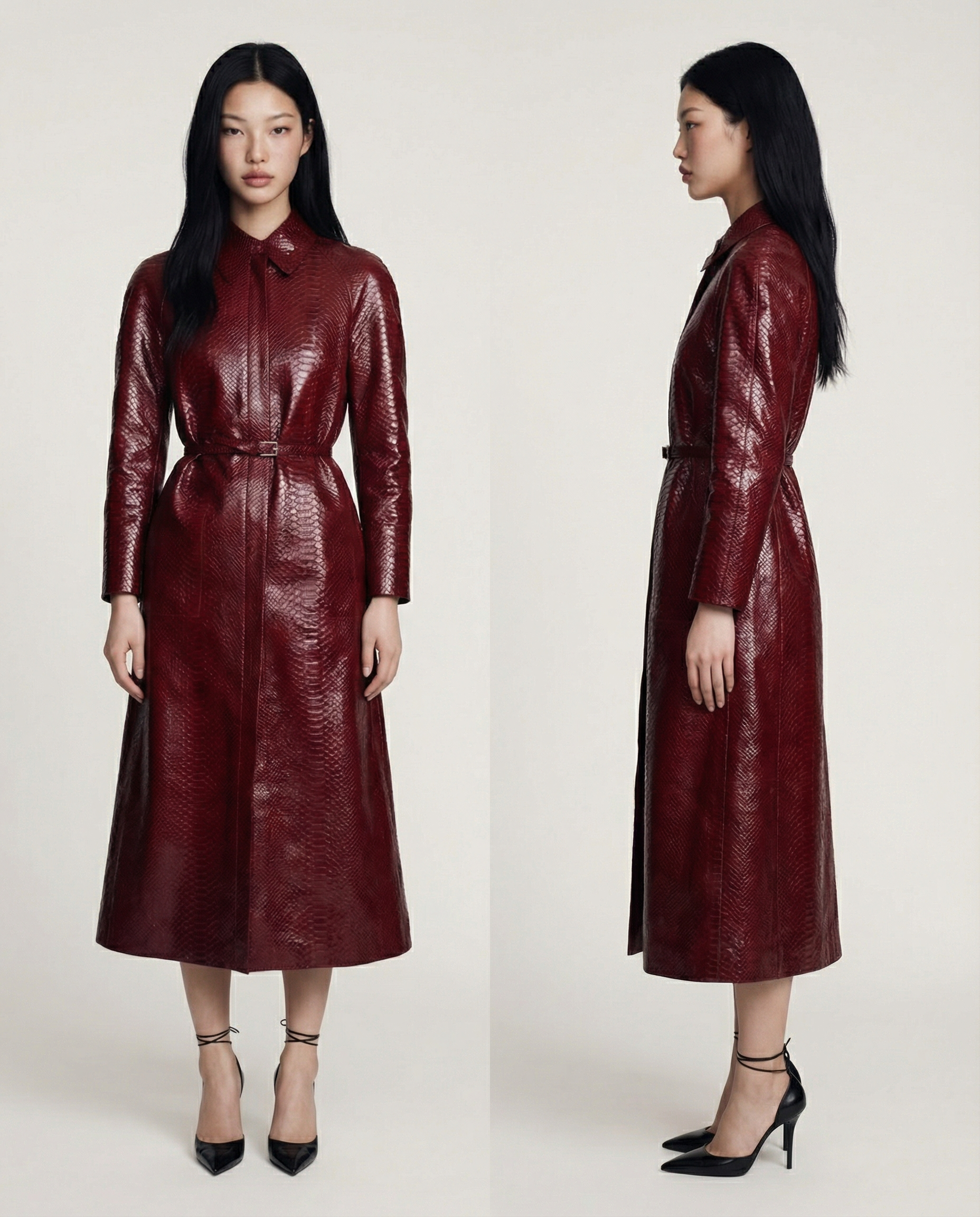 Vermillion Leather Coat Women Elegant Stylish Long Coat