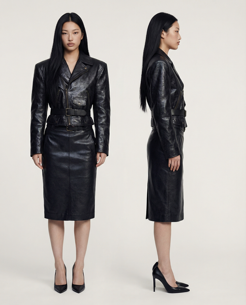 Belted Leather Jacket & Skirt Ensemble Women Chic Stylish