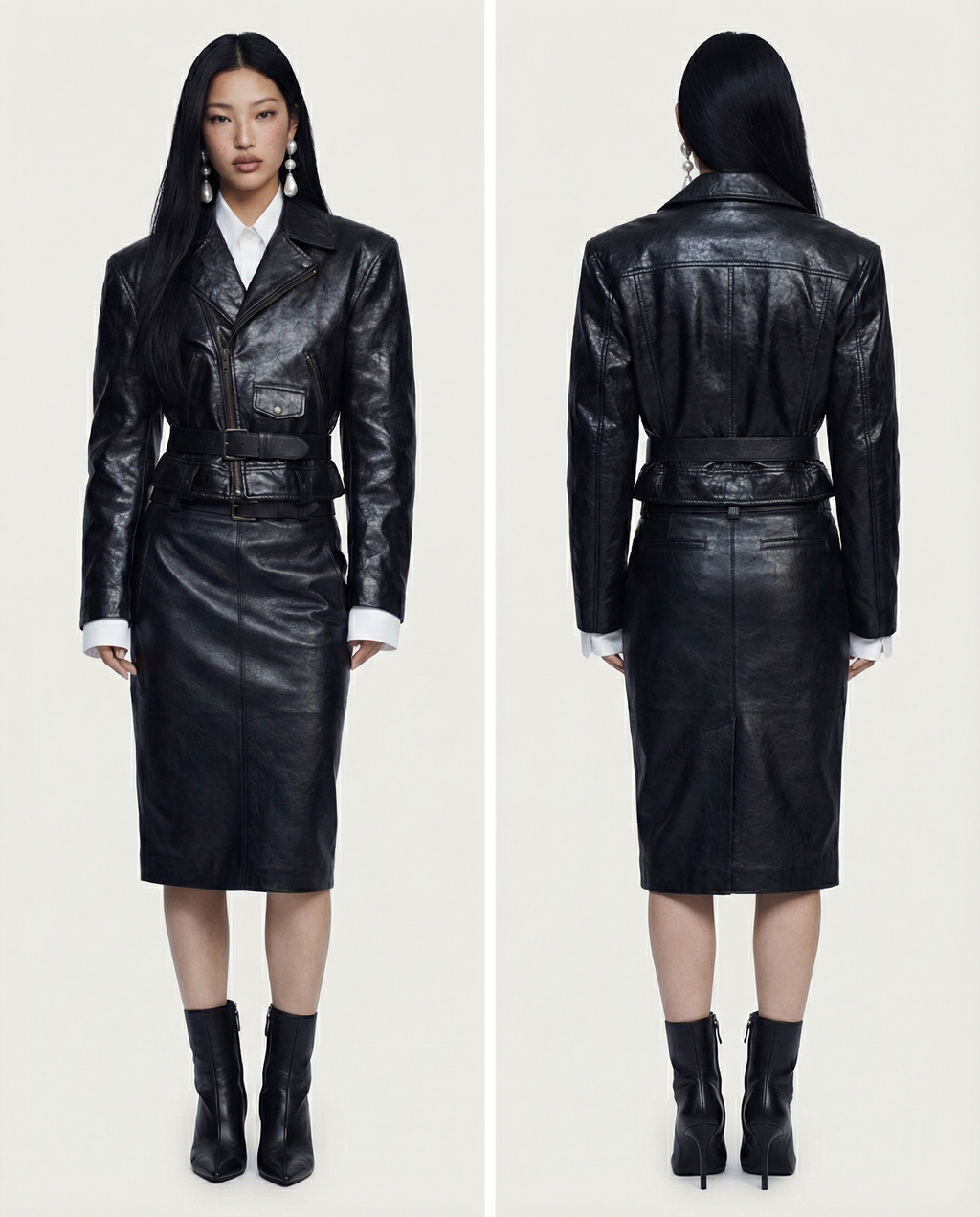 Belted Leather Jacket & Skirt Ensemble Women Chic Stylish