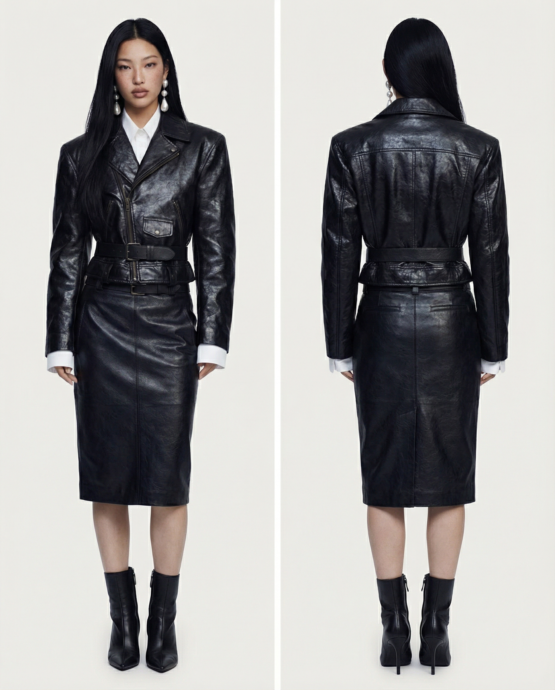 Belted Leather Jacket & Skirt Ensemble Women Chic Stylish