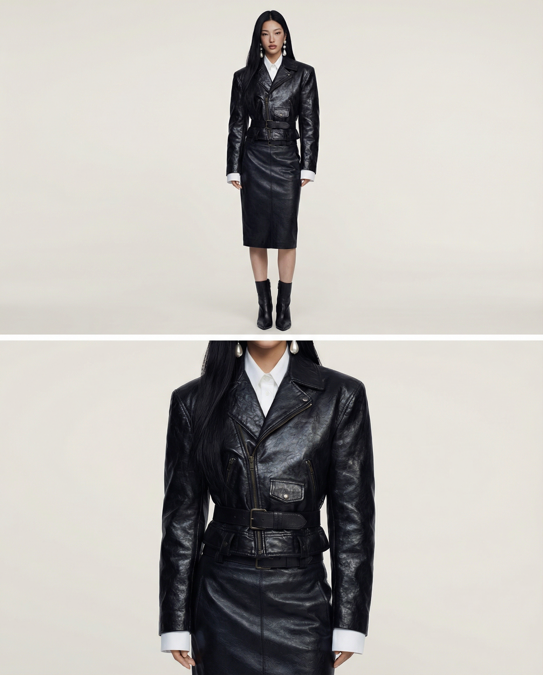 Belted Leather Jacket & Skirt Ensemble Women Chic Stylish