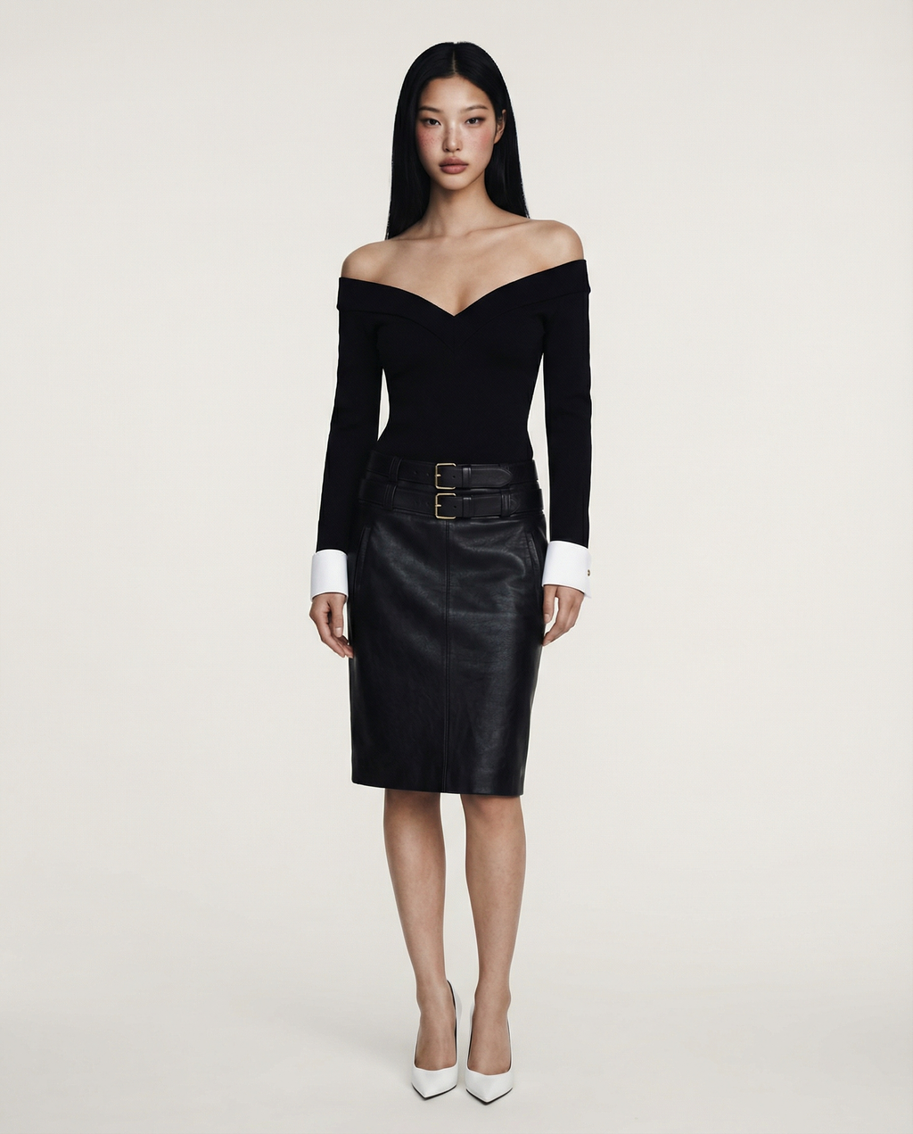 Belted Leather Jacket & Skirt Ensemble Women Chic Stylish